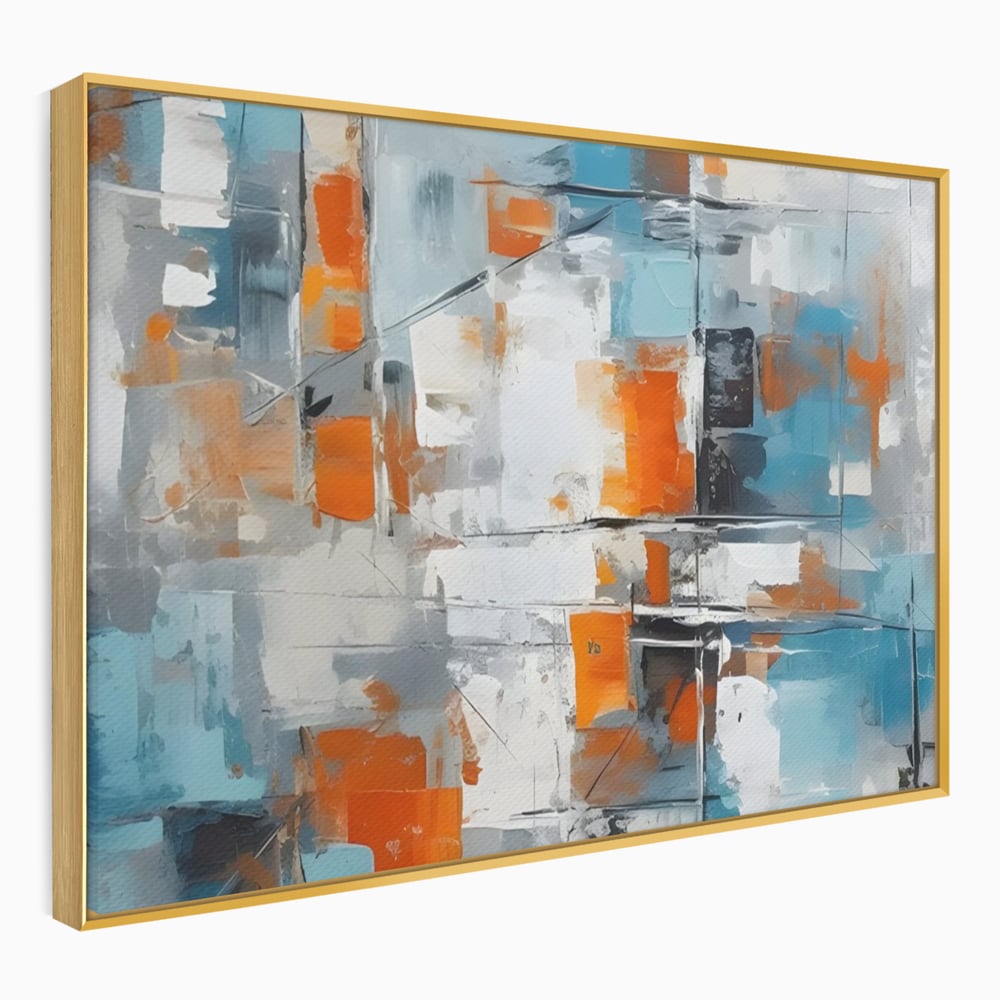 Tablou canvas cu pictura abstracta cu blocuri portocalii si albastre, in rama de aluminiu auriu